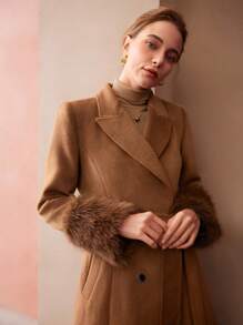 MOTF PREMIUM WOOL-BLEND FAUX FUR CUFF COAT - Camel - View 5