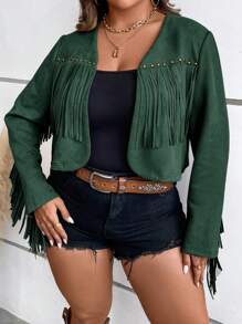 SHEIN LUNE Plus Fringe Trim Open Front Faux Suede Jacket - Dark Green - View 6