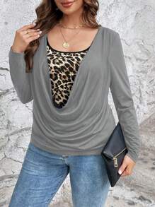 SHEIN LUNE Plus Leopard Print Draped Front Tee - Grey - View 3