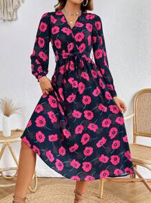 SHEIN VCAY Allover Floral Print Belted Dress - Multicolor - View 6