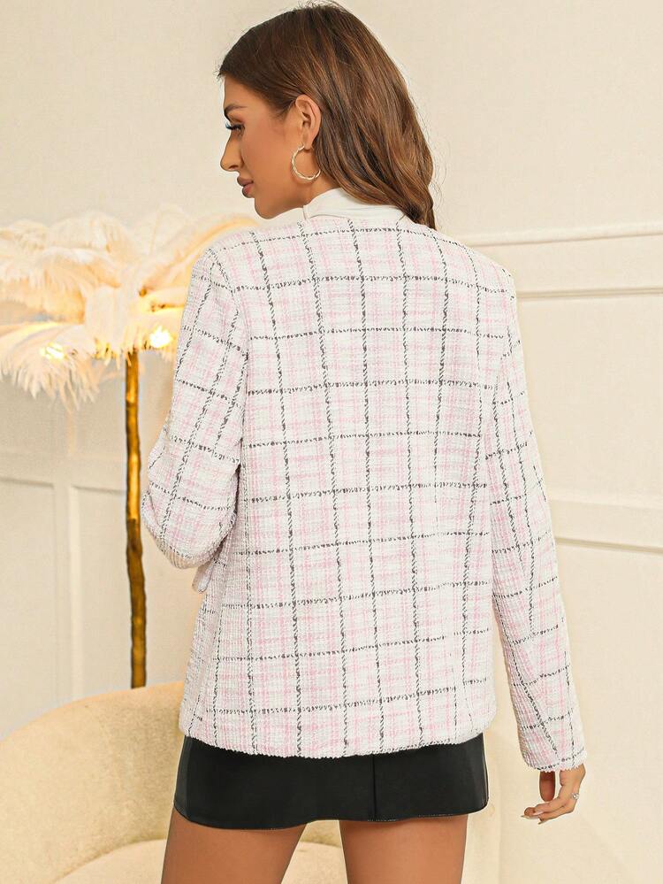 Women's Plaid Woolen Coat Decorated With Faux Pearls Button