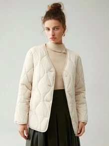 Anewsta Solid Button Front Onion Quilted Coat - Beige - View 1