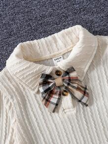 SHEIN 女小童格紋印花前蝴蝶結Polo領T恤和百褶半身裙 - 卡其色 - 查看 4