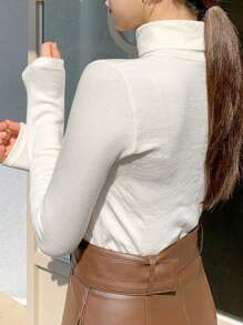 DAZY Solid High Neck Tee Long Sleeve Women Tops,Fall Women Clothes Thermal Lined - White - View 2