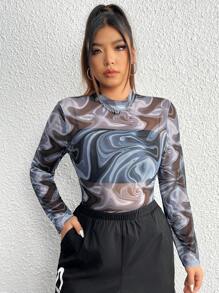 SHEIN EZwear Plus Marble Print Mock Neck Mesh Bodysuit Without Bra