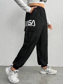 SHEIN EZwear Plus Letter Graphic Flap Pocket Cargo Pants - Black - View 3
