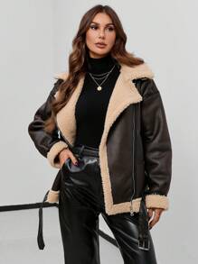 SHEIN Essnce Teddy Lined Belted PU Leather Moto Jacket - Coffee Brown - View 2