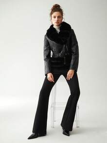 Anewsta 拉鏈開襟毛茸邊PU皮革夾克 - 黑色 - 查看 7