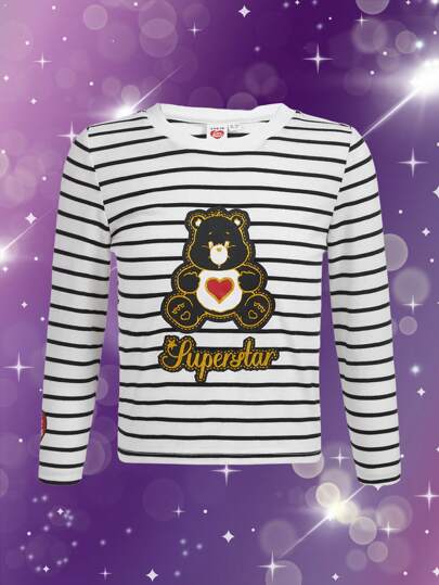 SHEIN X Care Bears Young Girl Striped & Cartoon Graphic Tee