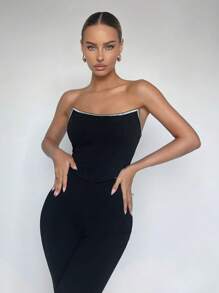 SHEIN Maija 撞色滾邊抹胸上衣 - 黑色 - 查看 8