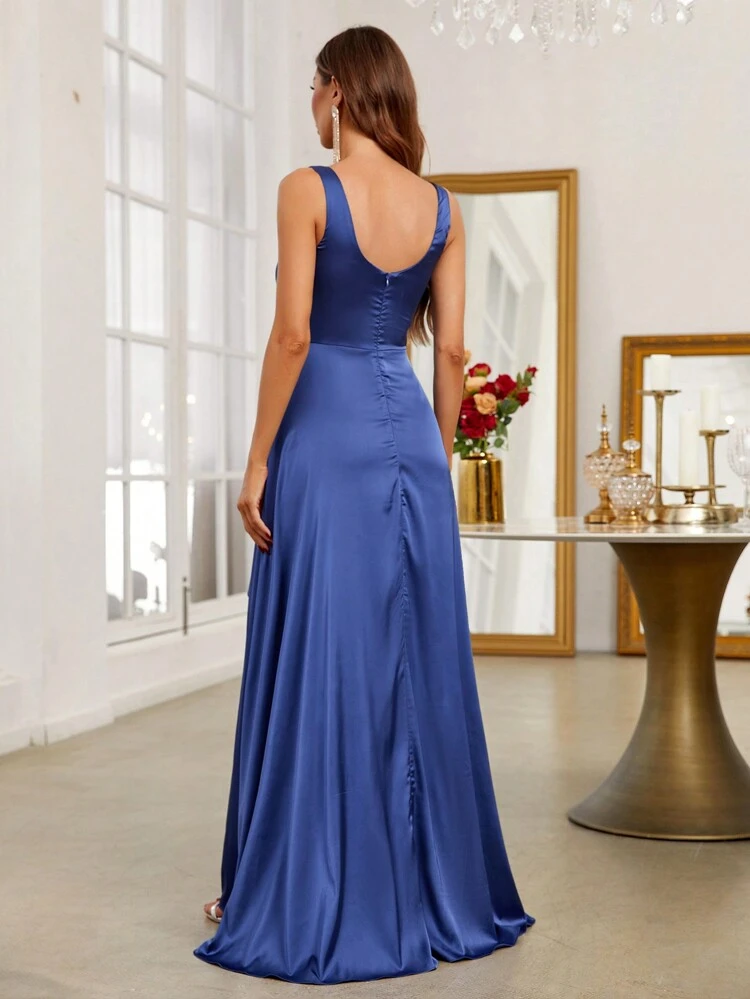 Ruffle Trim Split Satin Bridesmaid Dress