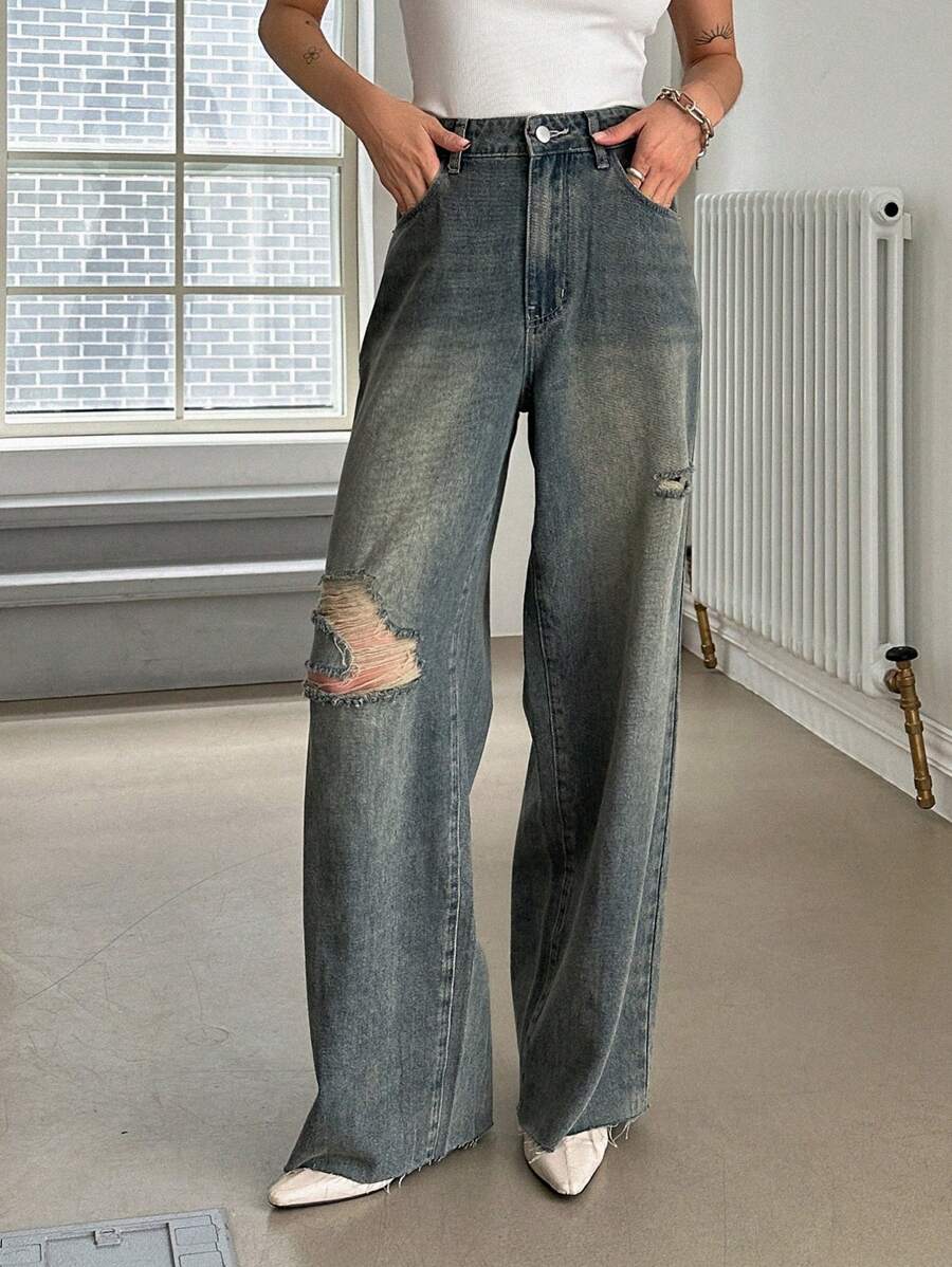 DAZY Rách Raw Hem Râu mèo Denim mùa giặt quần ống rộng Quần jean - Màu xanh bụi bặm - Xem 1