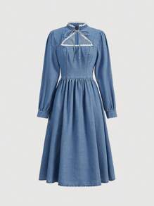 SHEIN MOD Contrast Lace Cut Out Front Denim Dress - Light Wash - View 1