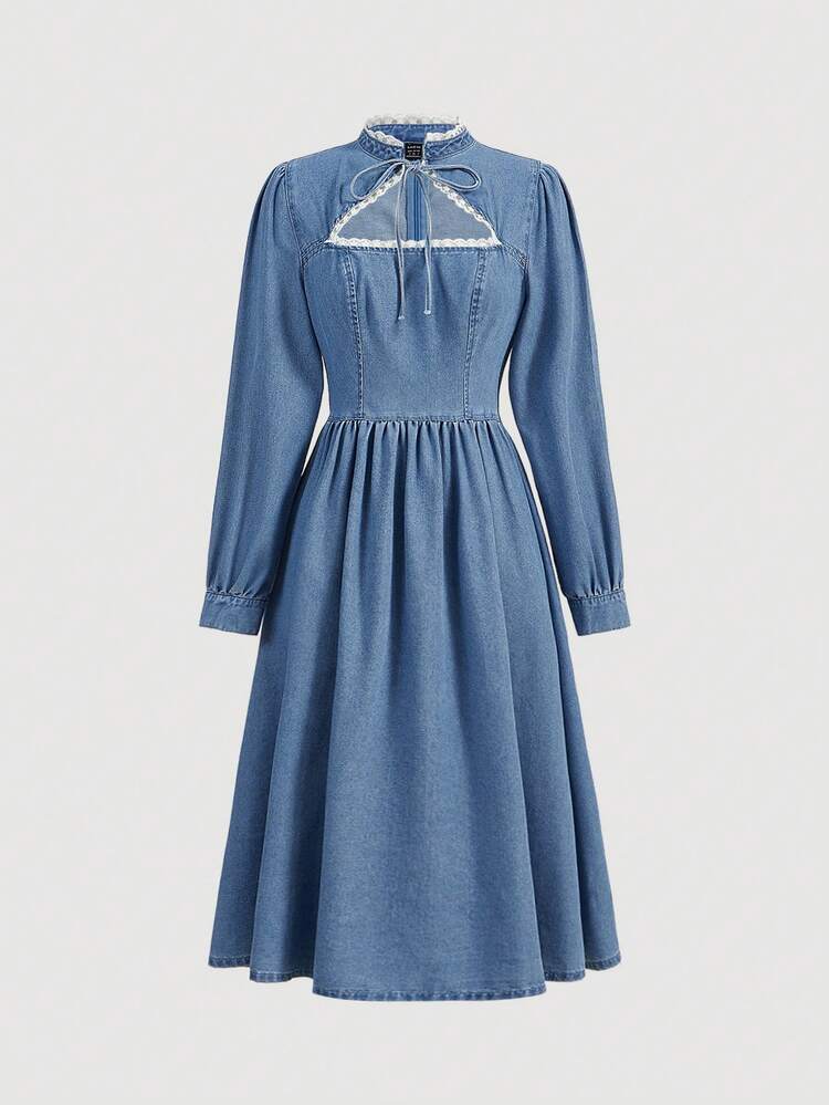 Contrast Lace Cut Out Front Denim Dress