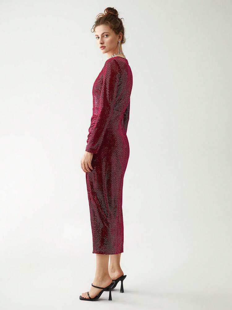 Asymmetrical Neck Ruched Wrap Hem Glitter Dress
