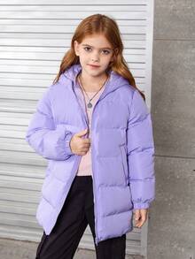 SHEIN Tween Girl 1 件拉链连帽加厚外套（带包） - 紫色 - 查看 4