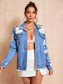 SHEIN BAE Ripped Raw Hem Denim Jacket - Medium Wash - View 4