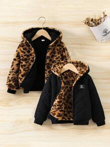 Young Boy 1pc Leopard Print Letter Patched Detail Zipper Hooded Reversible Jacket - Multicolor - View 1