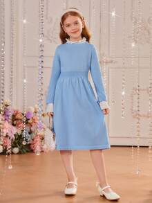 SHEIN 女大童1入組拼接荷葉邊毛衣洋裝 - 藍色 - 查看 8