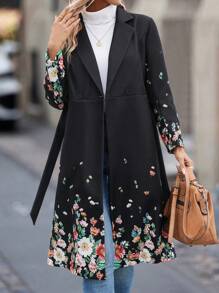 EMERY ROSE Floral Print Lapel Collar Slant Pocket Overcoat Fall Cloth For Women - Black - View 5
