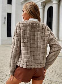SHEIN Clasi Open Front Fuzzy Coat - Khaki - View 2