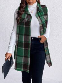 Plus Plaid Print Flap Detail Vest Coat, For Winter - Multicolor - View 6
