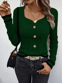 SHEIN LUNE Button Detail Sweetheart Neck Sweater - Green - View 3