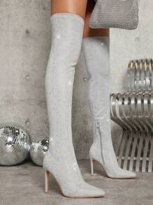 SHUZIA 金屬亮絲尖頭過膝靴 - 銀色 - 查看 6