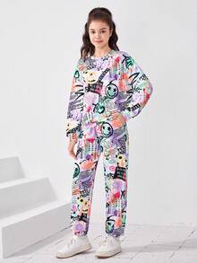 Teen Girl Graffiti Print Pullover & Sweatpants - Mauve Purple - View 5
