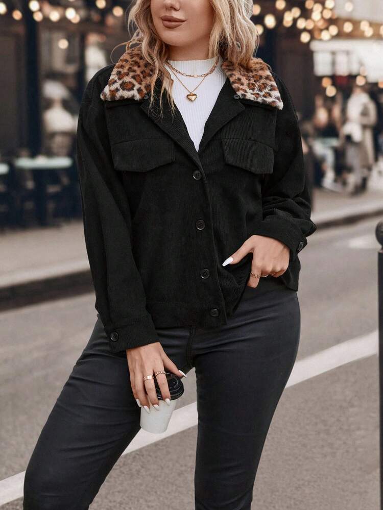 Plus Leopard Borg Collar Drop Shoulder Corduroy Jacket