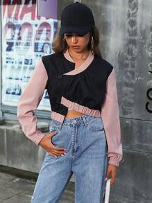 SHEIN Unity Colorblock Asymmetrical Hem Crop Jacket - Multicolor - View 4