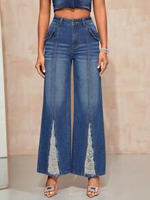 SHEIN BAE Ripped Wide Leg Jeans - Dark Wash - View 3