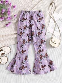 SHEIN Young Girl Floral Print Flare Leg Pants - Purple - View 2
