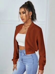 SHEIN Essnce Chất rắn Dây kéo Áo Jacket Crop - màu nâu - Xem 3
