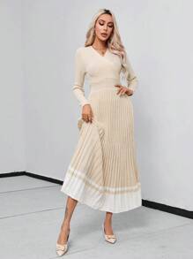 SHEIN Privé 撞色交疊領百褶下擺毛衣洋裝 - 卡其色 - 查看 6