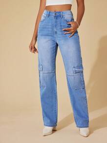 SHEIN BAE Flap Pocket Cargo Jeans - Light Wash - View 1