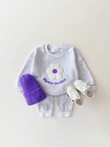 男嬰字母圖案花卉圖案補丁貼衛衣和衛褲 - 淡紫色 - 查看 2