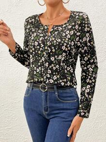 SHEIN Clasi Ditsy Floral Print Notched Neck Blouse - Black - View 1