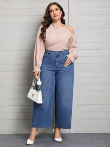 SHEIN Privé 大碼拉鏈門襟闊腿牛仔褲 - 藍色 - 查看 2