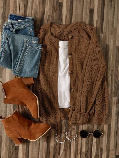 SHEIN LUNE 1 pezzo Cardigan con maniche raglan a punto traforato, top a maniche lunghe per l'autunno/inverno