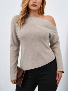 SHEIN Privé 大碼不對稱領落肩袖套頭毛衣 - 卡其色 - 查看 6