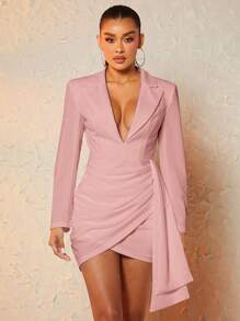 SHEIN BAE Lapel Neck Draped Wrap Hem Dress - Dusty Pink - View 1