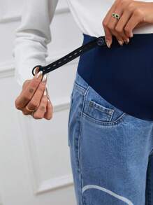 SHEIN 孕婦表情圖案可調節腰圍闊腿牛仔褲 - 中等水洗藍 - 查看 3