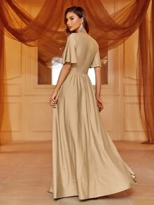 Sophisticated V-Neck Maxi Dress With Flutter Sleeves, Cinched Waist & Thigh Slit – Summer Formal Wear For Galas, Upscale Dinners, Evening Events Bridesmaid Dress