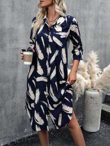 SHEIN LUNE Graphic Print Button Front Shirt Dress - Blue - View 5