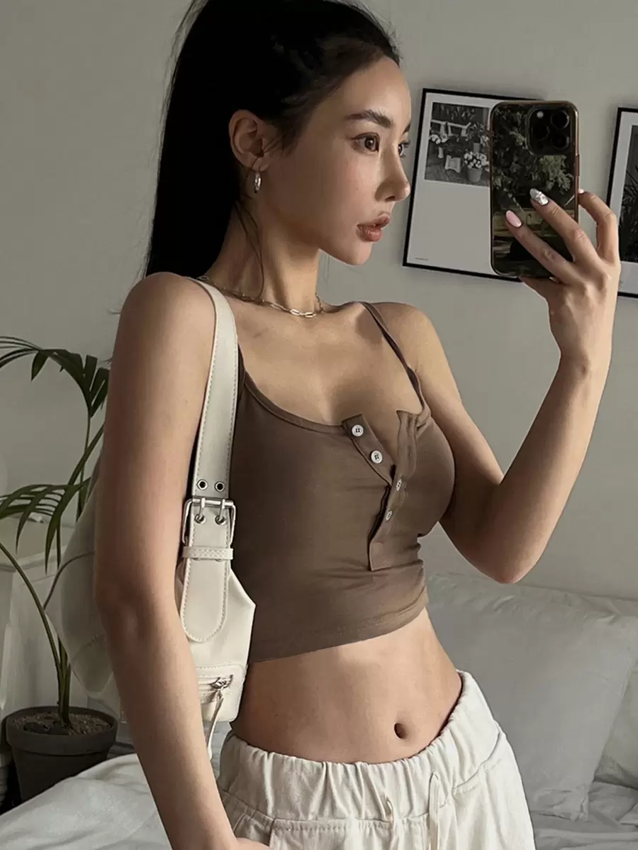 DAZY Contrast Binding Crop Cami Top Sexy Women Tops - Coffee Brown - View 1