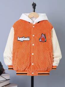 SHEIN Tween Boy Letter Patched Striped Trim Drop Shoulder Varsity Jacket Without Hoodie - Orange - View 3