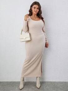 SHEIN Frenchy Talla grande Vestido ajustado de muslo con abertura tejido de canalé - Albaricoque - Ver 1
