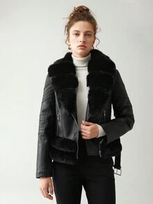 Anewsta 拉鏈開襟毛茸邊PU皮革夾克 - 黑色 - 查看 4