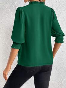 SHEIN Privé Notched Neckline Puff Sleeve Blouse - Dark Green - View 2